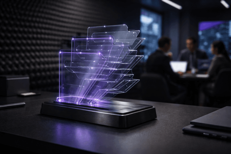 A photorealistic medium-wide cinematic shot, camera positioned approximately 1–2 meters from the subject, capturing a sleek physical desktop sculpture that embodies Prompt Versioning: a cluster of stacked, semi-translucent glass panels emerging from a dark brushed-metal base, each panel slightly offset to suggest evolving versions and branching paths, interconnected by fine metallic rails and tiny glowing nodes, with subtle electric-purple #7B63FF edge accents indicating intelligence or activity without overpowering realism, clearly readable within a realistic environment. The object integrates subtle electric-purple accents indicating intelligence or activity without overpowering realism. Set in a modern tech-driven marketing war room with dark gray egg-crate acoustic foam wall panels as the backdrop, a minimalist black desk surface beneath the sculpture, and softly blurred computer monitors, laptops, and a small group of diverse marketing professionals collaborating in the background, evoking a real-time campaign control center with a restrained Tech-Noir mood. Lighting is low-key and practical, coming from screens and a few overhead fixtures, complemented by a soft integrated white spotlight from above or the side, gently revealing the form, texture, and depth of the sculpture and the acoustic foam while keeping the people and equipment subtly in shadow. Cinematic realism, natural depth of field, neutral corporate tones with restrained neon purple accents, premium materials, ultra-detailed, 8K, no captions, no text overlays, no watermarks.