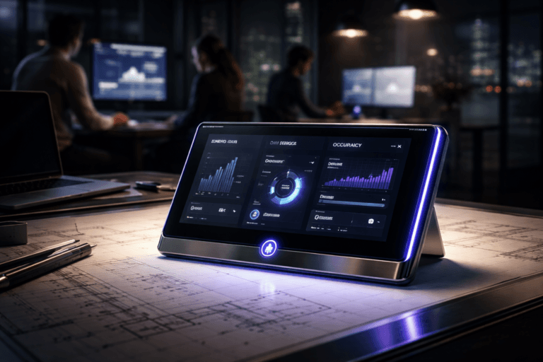 A photorealistic medium-wide cinematic shot, camera positioned approximately 1–2 meters from the subject, capturing a sleek physical smart-building control tablet as a sculptural PropTech hero object, a polished glass-and-metal device resting on a glowing architect’s light table, its real-time dashboard interface for energy, occupancy and maintenance clearly readable, with a tasteful abstract PropTech-style icon on its frame, clearly readable within a realistic environment. The object integrates subtle electric-purple (#7B63FF) accents in its edge lighting and UI highlights indicating intelligence or activity without overpowering realism. Set in a dim contemporary real-estate operations and architectural studio at night in a refined Tech-Noir mood, with the illuminated drafting table, scattered building blueprints, a laptop and neatly arranged technical tools in the foreground, and softly out-of-focus diverse professionals collaborating around additional screens and a glass wall that reveals a moody city skyline with restrained neon reflections in the background, with natural human presence in the background or periphery. Lighting is low-key and practical, coming from the glowing light table, nearby monitors and a few overhead fixtures, complemented by a soft integrated white spotlight from above and slightly to the side, gently revealing form, texture, and depth. Cinematic realism with a 35mm photographic look, natural shallow-to-medium depth of field isolating the tablet as the hero object, premium materials, ultra-detailed, 8K, no text, no captions, no floating UI panels, no watermarks.