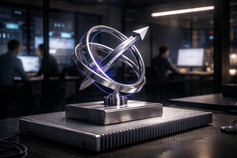 A photorealistic medium-wide cinematic shot, camera positioned approximately 1–2 meters from the subject, capturing a sleek glass-and-brushed-aluminum desk sculpture that physically represents a “value compass” — intersecting metallic rings and a forward-pointing arrow mounted on a solid rectangular base, trophy-sized — clearly readable as the hero object, placed on top of a large aluminum heatsink surface with visible fins, used as a textured platform on a workstation table in a modern tech office. The object integrates subtle electric-purple (#7B63FF) edge accents and faint internal light lines indicating intelligence and activity without overpowering realism. Set in a real-world Tech-Noir environment: a dimly lit SaaS product war-room that opens visually to a server area, with neutral corporate tones, concrete and dark wood finishes, glass partitions, large monitors showing abstract data visualizations, soft neon reflections, and hints of server racks and distant city lights; diverse professionals in smart-casual attire are visible softly out of focus in the background and periphery, collaborating around screens and whiteboards, providing natural human presence while remaining secondary to the sculpture. Lighting is low-key and practical, coming from computer monitors, desk lamps, and a distant window glow, complemented by a soft integrated white spotlight from above and slightly to the side that gently reveals the sculpture’s form, the brushed metal, the glass reflections, and the ridged aluminum heatsink surface, adding depth with controlled shadows and subtle specular highlights. Cinematic realism, 35mm lens look, natural shallow-to-medium depth of field, premium materials, ultra-detailed, 8K, no captions, no text overlays, no watermarks.