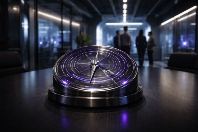 A photorealistic medium-wide cinematic shot, camera positioned approximately 1–2 meters from the subject, capturing a sleek, desk-sized “technology foresight compass” sculpture — a real, physical circular instrument in brushed dark metal with inset transparent glass rings and precise metallic detailing, resting on a modern dark conference table and clearly readable as the hero object. The compass integrates subtle electric-purple #7B63FF LED accents tracing thin lines and nodes across its surface, suggesting intelligent analysis and prioritization without overpowering realism. Set in a high-end corporate tech-noir workspace that incorporates a clean, illuminated metallic ventilation tunnel as an architectural corridor behind the table, with smooth reflective metal panels, exposed ducts, cool white overhead strip lights and restrained neon purple edge lighting; glass walls reveal an adjacent strategy room and a faint night-city skyline outside. Natural human presence appears in the background: a small group of diverse professionals in business-casual attire, softly out of focus, walking and conferring near translucent digital displays that show abstract interface graphics with no readable text. Lighting is low-key and practical from the ceiling strips, screens and a nearby desk lamp, complemented by a soft integrated white spotlight from above and slightly to the side of the compass, gently revealing form, texture and depth. Cinematic photographic realism, 35mm look, natural shallow-to-medium depth of field, premium materials, ultra-detailed, 8K, no captions, no on-screen text, no watermarks.