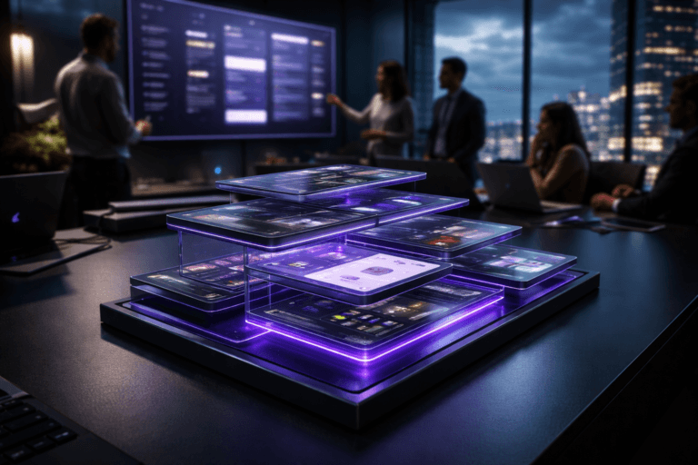 A photorealistic medium-wide cinematic shot, camera positioned approximately 1–2 meters from the subject, capturing a set of modular layered high-fidelity app prototype panels built like a physical 3D isometric architectural model on a sleek black conference table in a glass-walled war room, each translucent panel displaying crisp loyalty-app UI screens, microinteractions, and error states, clearly readable within a realistic environment. The object integrates subtle electric-purple accents indicating intelligence or activity without overpowering realism, with fine neon-like highlights along the panel edges, interface focus states, and a few small indicator LEDs on nearby devices. Set in a nighttime corporate war room on the top floor of a modern glass skyscraper, city lights and soft cumulus clouds visible through the floor-to-ceiling windows below the horizon line, with a diverse group of UX, marketing, and product professionals in the background and periphery, standing and seated around the table, candidly discussing and gesturing toward a giant wall-mounted screen that mirrors the layered prototype. Lighting is low-key and practical, coming from the large screen, laptops, and a few overhead linear fixtures, complemented by a soft integrated white spotlight from above and slightly to the side, gently revealing form, texture, and depth of the modular prototype structure and tabletop. Shot on a 35mm lens, cinematic realism, natural depth of field, premium materials, ultra-detailed, 8K, no captions, no text overlays, no watermarks.