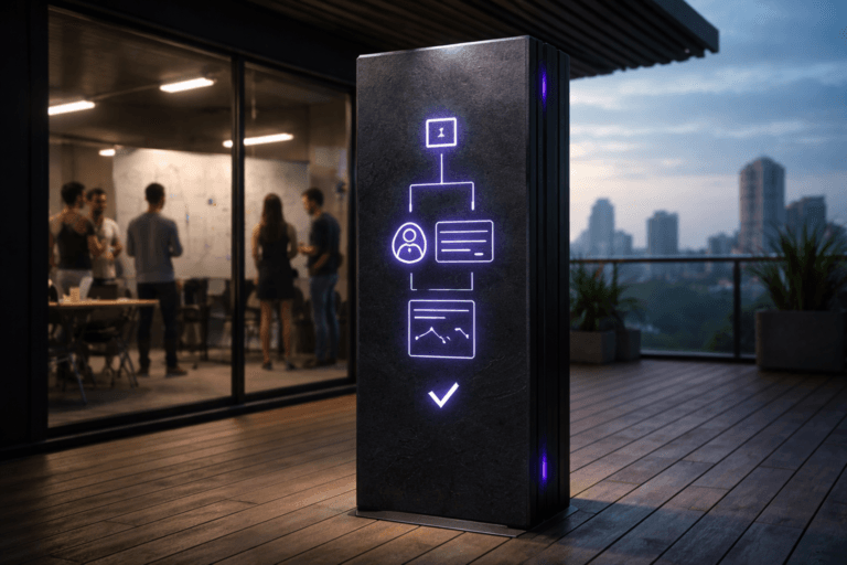 A photorealistic medium-wide cinematic shot, camera positioned approximately 1–2 meters from the subject, capturing a tall matte-black stone-and-metal monolith standing solidly on a wooden deck, its front face precisely engraved with minimalist glyph-like interface symbols that emit a subtle electric-purple #7B63FF glow, treated as a sleek physical metaphor for low-fidelity UX prototyping, clearly readable within a realistic environment. The object integrates subtle electric-purple accents indicating intelligence or activity without overpowering realism. Set in an open-air wooden rooftop deck of a modern Brazilian fintech office in soft early-morning light, overlooking a distant city skyline, with a nearby glass wall revealing a diverse product team in the background gathered around a large whiteboard full of hand-drawn wireframes and marker sketches, laptops and sticky notes scattered on tables, some team members standing and others seated, all slightly out of focus to keep the monolith as the hero, creating a grounded tech-noir workplace atmosphere. Lighting is low-key and practical, mixing cool ambient dawn light, faint computer screen glow from inside the office, and a soft integrated white spotlight from above and slightly to the side of the monolith, gently revealing form, texture, and depth on its stone surface and engraved symbols. Cinematic realism, 35mm lens look, natural shallow-to-medium depth of field, neutral corporate tones with restrained electric-purple neon accents, premium materials, ultra-detailed, 8K, no captions, no UI overlays, no floating elements, no watermarks, no visible text or logos.