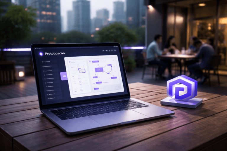 A photorealistic medium-wide cinematic shot, camera positioned approximately 1–2 meters from the subject, capturing a sleek open laptop on a wooden outdoor deck table, prominently displaying the Prototipação product interface with the Prototipação logo clearly visible on the screen, accompanied by a small physical 3D isometric Prototipação logo sculpture in matte acrylic beside the laptop, both clearly readable within a realistic environment. The object integrates subtle electric-purple #7B63FF accents indicating intelligence or activity without overpowering realism, with the hue appearing in interface highlights, faint edge lighting on the logo sculpture, and soft reflections on the laptop chassis. Set in a modern corporate rooftop terrace with wooden decking in soft early-morning light, overlooking a slightly futuristic city skyline with cool-toned glass buildings and restrained neon reflections, subtle tech-noir atmosphere suggested by cool ambient shadows and discreet purple-blue LED strips along the deck rail. Natural human presence in the background and periphery: a small, diverse group of professionals in smart-casual attire collaborating around another table with paper prototypes, tablets, and sticky notes, slightly out of focus, candid posture and neutral expressions, secondary to the main object. Lighting is low-key and practical, coming from the diffuse morning sky, laptop screen glow, and a few understated deck lamps, complemented by a soft integrated white spotlight from above and slightly to the side, gently revealing form, texture, and depth on the laptop, logo sculpture, and wood grain of the deck. Cinematic realism, natural depth of field, premium materials, ultra-detailed, 8K, no captions, no text overlays except the Prototipação logo, no watermarks.