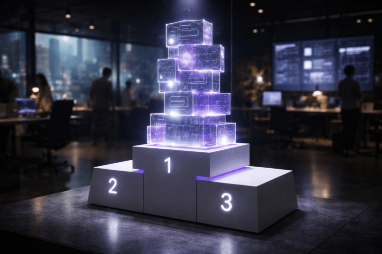 A photorealistic medium-wide cinematic shot, camera positioned approximately 1–2 meters from the subject, capturing a physical modular tower of semi-transparent glass and acrylic blocks, each block subtly engraved with abstract UI layouts and interface elements, stacked in layered tiers like evolving app prototypes and mounted on a pristine three-level white awards podium with distinct 1st, 2nd and 3rd height levels, clearly readable within a realistic environment. The object integrates subtle electric-purple #7B63FF accents indicating intelligence or activity without overpowering realism, with thin neon lines glowing gently between the layers, soft internal edge lighting within some blocks, and faint purple reflections along the podium edges. Set in a contemporary tech-noir UX design studio at night, with a polished concrete floor, glass walls revealing a moody futuristic cityscape with soft neon glows and distant rain outside, and large wall-mounted screens in the background displaying out-of-focus interface prototypes and data dashboards; a few diverse UX and product designers in smart-casual attire move and collaborate in soft focus around high-end desks and laptops in the periphery, adding natural human presence without stealing focus from the podium and modular prototype structure. Lighting is low-key and practical, coming from desk lamps, computer monitors, and the city lights, complemented by a soft integrated white spotlight from above that gently reveals the form, texture, and depth of the modular prototype tower and the podium, creating subtle shadows and reflections. Cinematic realism, 35mm lens look, natural depth of field with the hero object in crisp focus and the environment softly blurred, premium materials, ultra-detailed, 8K, no captions, no text overlays, no watermarks.