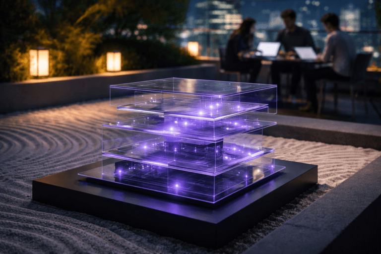 A photorealistic medium-wide cinematic shot, camera positioned approximately 1–2 meters from the subject, capturing a physical modular UX prototype as the hero object: several stacked, offset transparent acrylic panels printed with subtle, abstract interface layouts, assembled like a contemporary architectural model on a low black table beside a white sand tray, each layer connected by thin electric-purple #7B63FF light traces that suggest rapid iteration and intelligent behavior while remaining realistic. The object integrates subtle electric-purple accents indicating intelligence or activity without overpowering realism. Set in a contemporary rooftop zen garden at a tech company office at night, with impeccably raked white sand in flowing wave patterns, minimalist concrete edges, low modern lanterns, glass railings revealing a softly glowing city skyline, and a few diverse UX designers in the background casually collaborating around open laptops and tablets near the sand garden, slightly out of focus. Lighting is low-key and practical, coming from the lanterns, nearby office windows, and device screens, complemented by a soft integrated white spotlight from above and slightly to the side, gently revealing the form, texture, and depth of the layered prototype and the sand patterns. Cinematic realism, 35mm lens look, natural shallow-to-medium depth of field, premium materials, ultra-detailed surfaces, subtle tech-noir mood with restrained neon reflections, no captions, no text overlays, no watermarks, 8K.