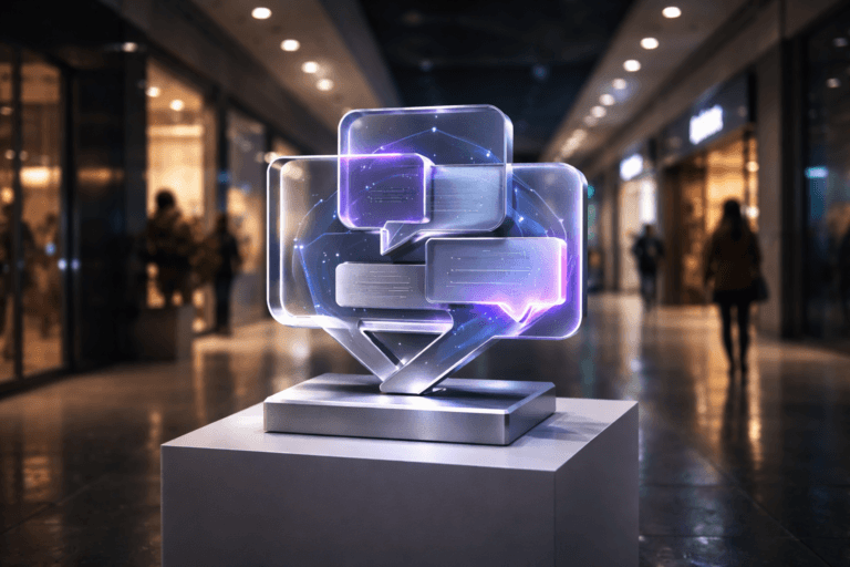 A photorealistic medium-wide cinematic shot, camera positioned approximately 1–2 meters from the subject, capturing a sleek physical sculpture that embodies clear communication: a premium acrylic and brushed-metal object composed of overlapping translucent panels and speech-bubble shapes arranged in precise isometric geometry, resting on a minimalist pedestal in the foreground, its surfaces crisp and clearly readable within a realistic environment. The object integrates subtle electric-purple #7B63FF edge accents and internal light traces indicating intelligence, live prototypes, and data activity without overpowering realism. Set in a contemporary shopping-mall corridor at night, with glossy porcelain tile flooring reflecting soft overhead fixtures and distant digital signage, storefronts receding into the background and a few diverse, realistically dressed professionals walking or conversing in soft focus along the corridor, reinforcing a lived-in tech-noir atmosphere. Lighting is low-key and practical, coming from ceiling lamps and nearby screens, complemented by a soft integrated white spotlight from above and slightly to the side, gently revealing form, texture, and depth on the hero sculpture and subtle neon reflections on the floor. Cinematic realism, natural depth of field, 35mm lens look, premium materials, ultra-detailed, 8K, no captions, no text overlays, no logos, no watermarks.