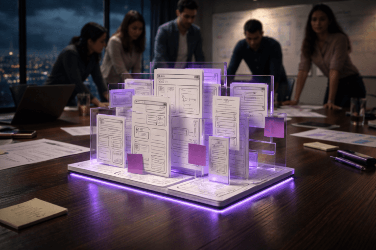 A photorealistic medium-wide cinematic shot, camera positioned approximately 1–2 meters from the subject, capturing a stylized yet fully physical “paper prototyping” hero object on a large dark wooden meeting table: an intricate 3D tabletop sculpture made of layered white A4 sheets, sticky notes and slim translucent acrylic panels arranged like staggered mobile and desktop screens, each surface covered with loose, unreadable hand-drawn interface sketches, arrows and wireframe blocks, clearly readable as a tangible UX paper prototype centerpiece. The object integrates subtle electric-purple (#7B63FF) accents through fine edge highlights on the acrylic panels, a few purple sticky notes and a faint purple LED desk strip beneath the sculpture, suggesting intelligent activity without looking sci-fi. Set in a modern tech office UX war room at night in a high-rise building, with floor-to-ceiling windows revealing a moody city skyline and dense cumulus-like clouds softly lit by distant urban lights below, glass walls, whiteboards with blurred diagrams, laptops and markers scattered on the table. Natural human presence appears in the background and periphery: a diverse group of UX designers and product managers in smart-casual clothing, slightly out of focus, standing and leaning over the table in candid collaborative postures, neutral concentrated expressions, the paper prototype sculpture remaining the clear focal point. Lighting is low-key and practical, coming from overhead office panels, laptop screens and a nearby floor lamp, complemented by a soft integrated white spotlight from above and slightly to the side that gently reveals the texture of the paper, acrylic edges and tabletop grain while rolling the rest of the room into richer shadows. Cinematic realism with a subtle tech-noir mood, neutral corporate tones with restrained electric-purple neon accents, natural shallow-to-medium depth of field, premium materials, ultra-detailed, 8K, no captions, no text overlays, no watermarks.