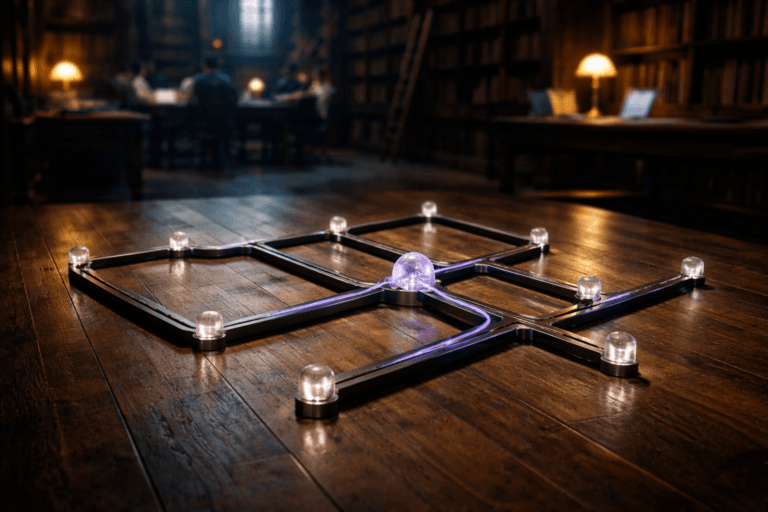 A photorealistic medium-wide cinematic shot, camera positioned approximately 1–2 meters from the subject, capturing a sleek physical floor sculpture that represents a Proof of Concept: a desk-sized minimalist metro-map structure resting on an old wooden library floor, composed of interlocking matte-black and brushed-metal rails with translucent acrylic nodes as “stations,” one central node subtly glowing, modular components and connection joints suggesting experimentation and validation, clearly readable within a realistic environment. The object integrates subtle electric-purple #7B63FF accents as faint illuminated lines running along selected rails and inside the central node, indicating intelligence or activity without overpowering realism. Set in a dim, ancient library at night with tall wooden bookshelves and ladders receding into the background, warm pools of light from brass desk lamps and cool glows from a few modern laptops and tablets on distant study tables creating a refined tech-noir contrast, with a small group of diverse professionals in smart-casual attire quietly collaborating around a table in the mid-background, slightly out of focus, providing natural human presence in the periphery. Lighting is low-key and practical, coming from table lamps, laptop screens, and a narrow high window, complemented by a soft integrated white spotlight from above and slightly to the side that isolates the sculpture, gently revealing form, texture, reflections in the acrylic, and long cinematic shadows across the wood floor. Subtle volumetric dust in the air, neutral corporate tones, rich warm browns of the wood, and restrained neon accents of electric purple and cool cyan on metal edges reinforce a sophisticated tech-noir mood. Cinematic realism, 35mm photographic look, natural shallow-to-medium depth of field, premium materials, ultra-detailed, 8K, no captions, no text overlays, no UI elements, no watermarks.