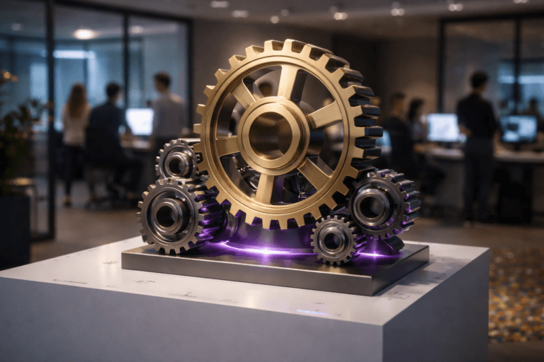 A photorealistic medium-wide cinematic shot, camera positioned approximately 1–2 meters from the subject, capturing a large polished golden master gear sculpture mechanically interlocking with several smaller darker steel gears on a sleek white pedestal, all clearly readable as the central “engine” of performance within a realistic environment. The object integrates subtle electric-purple (#7B63FF) accents along gear edges and in a discreet underlight glow, indicating intelligence and continuous activity without overpowering realism. Set in a contemporary open-plan marketing analytics office with a clean white floor lightly scattered with colorful paper confetti from a recent campaign celebration, glass walls, and dim computer monitors casting cool reflections, with a diverse group of realistic marketing professionals in smart-casual attire softly out of focus in the background as they collaborate around their screens. Lighting is low-key and practical, coming from desk lamps, monitor glow, and ceiling fixtures, complemented by a soft integrated white spotlight from above and slightly to the side of the gear installation, gently revealing the metal’s texture, reflections, and depth. Cinematic realism, natural shallow-to-medium depth of field, premium materials, ultra-detailed, 8K, neutral corporate color palette with restrained neon purple accents, no captions, no visible interface text, no watermarks.