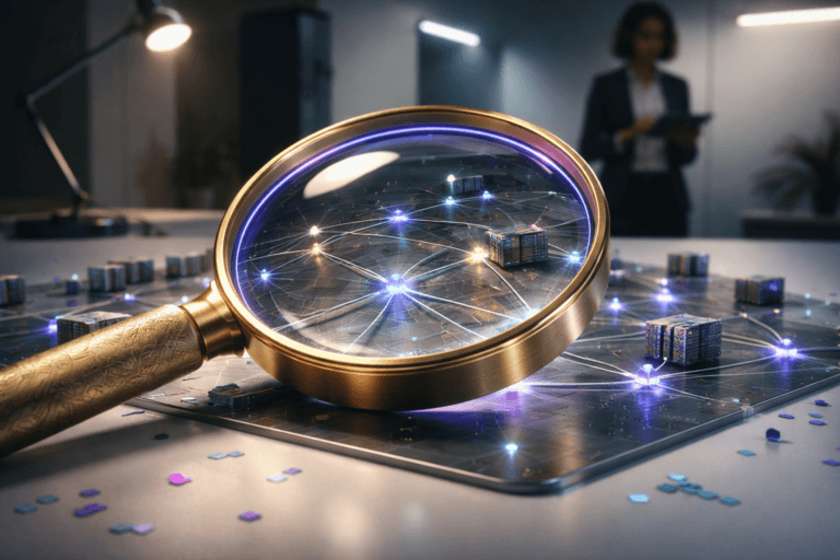 A photorealistic medium-wide cinematic shot, camera positioned approximately 1–2 meters from the subject, capturing a refined real-world hero object: an oversized solid-gold magnifying glass (brushed gilded brass frame, thick convex optical glass, sturdy sculpted handle with subtle circuit-pattern engraving) placed over a tactile 3D isometric diorama of a connectivity web — glossy acrylic nodes, miniature realistic server-tile props, and thin polished metal and fiber-optic threads forming a readable network pattern that is legible at 1–2 meters. The magnifying glass lens clearly magnifies and distorts the connections beneath, revealing fine detail. The object integrates subtle electric-purple accents (#7B63FF) as a thin inner-rim glow on the lens and gentle pulsing highlights along select threads and nodes to indicate intelligence or activity, balanced so realism remains primary. Set in a minimalist photographic studio environment: a clean white floor scattered with colorful paper confetti, low-key Tech‑Noir atmosphere with neutral corporate tones (charcoal, graphite, warm gray, off-white) and restrained neon accents (electric purple, muted cyan). Lighting is practical and controlled — visible adjustable task lamp and LED strip as motivated light sources, plus a soft integrated white spotlight from above and slightly to the side to reveal form, texture, and depth, creating soft shadows and realistic metallic reflections. Include one diverse, professional person in the background, candid and slightly out of focus, observing or taking notes — clearly secondary to the main object. Cinematic photographic realism, 35mm medium-wide framing, shallow-to-medium depth of field, natural bokeh, premium materials and ultra-detailed textures (brushed metal, optical glass, polished acrylic, paper confetti), photorealistic render, ultra-detailed, 8K. No captions, no text overlays, no logos, no watermarks.