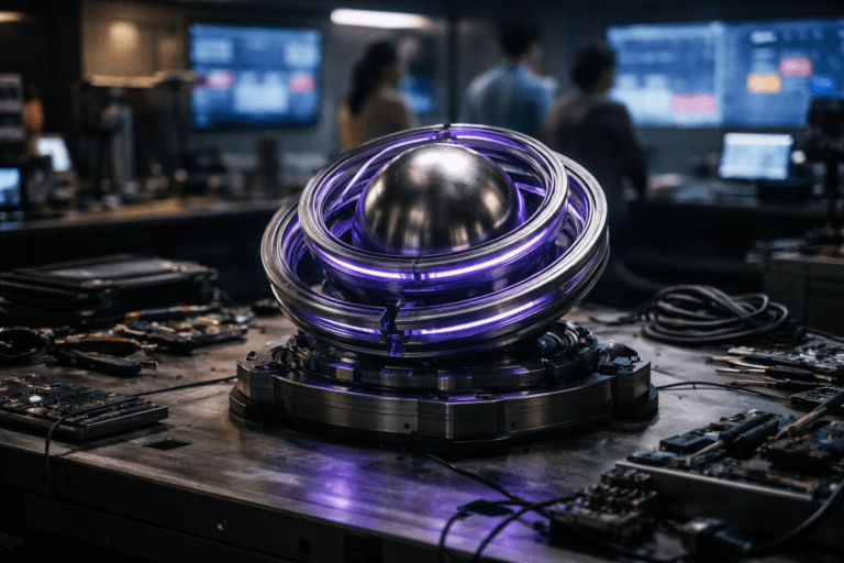 A photorealistic medium-wide cinematic shot, camera positioned approximately 1–2 meters from the subject, capturing a compact, polished fusion-reactor-like core as the hero object: a solid brushed-metal sphere encircled by precise, concentric magnetic rings with fine detailing, subtle electric-purple (#7B63FF) indicator glows running along the inner edges of the rings to suggest intelligent activity, all resting on an organized robotics assembly workbench with scattered precision tools, cables and circuit boards. Set in a real-world tech-noir robotics and AI lab at a Brazilian digital mental-health startup, with the workbench in the foreground and, in the softly blurred background, a few diverse professionals in casual-professional attire reviewing data on large wall-mounted screens that display abstract behavioral dashboards and colorful graphs without any readable text. Lighting is low-key and practical, coming from overhead lab fixtures, computer monitors and equipment LEDs, complemented by a soft integrated white spotlight from the upper side that gently highlights the metallic sphere, magnetic rings, surface textures and the worn yet premium materials of the workbench. The environment feels lived-in and functional, with coiled cables, neatly arranged tool trays and hints of additional workstations receding into shadow, maintaining a restrained neon accent palette of electric purple and cool blues against neutral corporate tones. Cinematic realism, 35mm lens look, natural shallow-to-medium depth of field with the fusion core sharply in focus and the humans and screens tastefully out of focus, ultra-detailed surfaces and reflections, 8K resolution, no captions, no text overlays, no watermarks.
