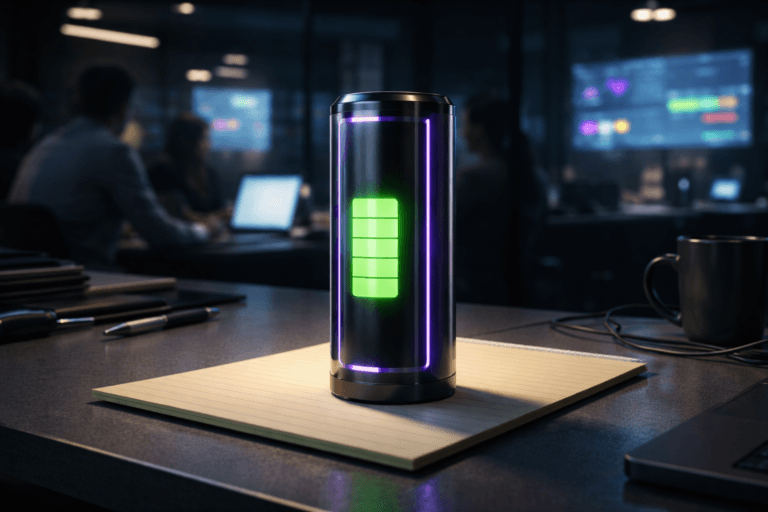 A photorealistic medium-wide cinematic shot, camera positioned approximately 1–2 meters from the subject, capturing a sleek futuristic lithium battery standing upright on a yellow lined notepad resting on a smooth gray desk, the battery showing a bright-green horizontal charge indicator bar as the clear hero object within a realistic environment. The object integrates subtle electric-purple #7B63FF accents as thin glowing edge details and soft reflections on its metallic surface, indicating intelligence and live data activity without overpowering realism. Set in a dimly lit late-night marketing war-room office with a subtle Tech-Noir mood, cool blue ambient light, glass partitions, and multiple wall-mounted displays and laptop screens in the background showing softly blurred, colorful KPI dashboards and traffic-light-style status graphics, plus scattered pens, cables and coffee mugs, with a diverse group of marketing analysts and data professionals visible only in soft focus at the table edges and around the room. Lighting is low-key and practical, coming from the screens, a nearby desk lamp and distant ceiling fixtures, complemented by a soft integrated white spotlight from above that gently sculpts the battery, notepad and desk texture, revealing form, reflections and depth with controlled contrast. Cinematic realism, natural shallow-to-medium depth of field, 35mm lens look, neutral corporate color palette with restrained neon purple accents, premium materials, ultra-detailed, 8K, no text, no UI elements, no watermarks.
