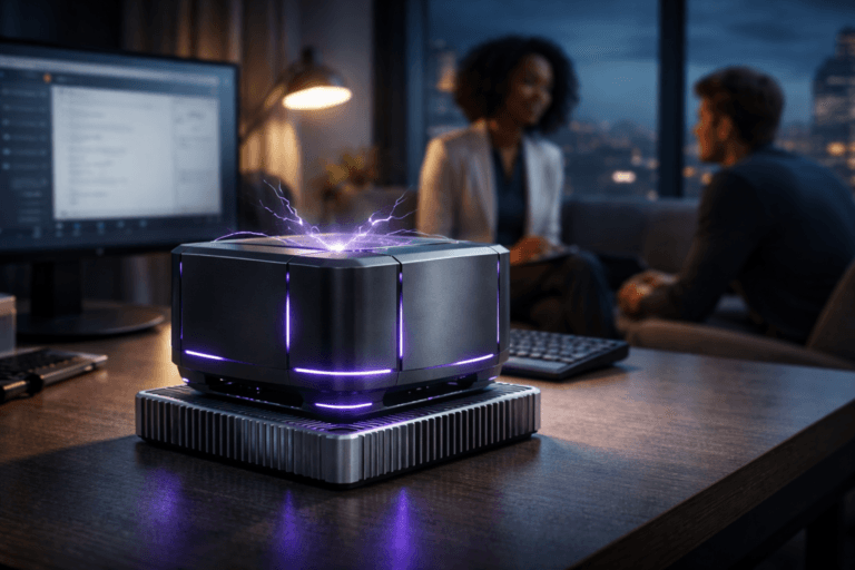 A photorealistic medium-wide cinematic shot, camera positioned approximately 1–2 meters from the subject, capturing a compact AI-powered clinical hub resembling a sleek humming electrical transformer with subtle, realistic static-electricity arcs, mounted on a finely machined finned aluminum heat-sink base on a psychologist’s desk, clearly readable within a realistic environment. The object integrates subtle electric-purple #7B63FF accents in thin LED lines and indicator glows, suggesting intelligent processing and data flow without overpowering the scene, blending with muted graphite and soft metallic tones. Set in a contemporary hybrid psychology consultation room at night, part clinic and part telehealth workstation: a large monitor in the background displays softly blurred dashboards and session notes, while through a side window faint city lights glow under a moody sky, hinting at a tech-noir urban atmosphere. A diverse psychologist and patient sit in the mid-ground and background, naturally posed in conversation, softly out of focus so the device remains the hero object; both dressed professionally, with a calm, attentive mood. Lighting is low-key and practical, coming from a desk lamp, monitor light, and dim ceiling fixtures, complemented by a soft integrated white spotlight from above and slightly to the side that gently reveals the form, brushed metal texture, and depth of the transformer-like AI hub and its aluminum heat sink, casting clean, cinematic shadows across the desk. Cinematic realism, 35mm lens look, natural shallow-to-medium depth of field, premium materials, ultra-detailed, 8K, neutral corporate color palette with restrained neon purple accents, no captions, no text overlays, no watermarks.