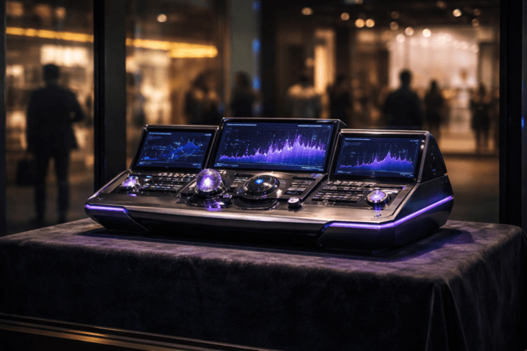 A photorealistic medium-wide cinematic shot, camera positioned approximately 1–2 meters from the subject, capturing a sleek real-world glass-and-metal “communications command console” sculpture representing data-driven Public Relations, composed of a single premium device with integrated screens, dials, and sensor modules arranged like a compact flight-control dashboard, resting on a dark velvet pedestal, clearly readable within a realistic environment. The object integrates subtle electric-purple #7B63FF accents in slim light strips, indicator glows, and edge highlights suggesting intelligent activity without overpowering realism. Set in a high-end night-time storefront display in a modern business district, viewed through a large glass shop window, with soft reflections of city lights and restrained neon, blurred diverse pedestrians and professionals passing by on the sidewalk and inside the store in the background, providing natural human presence while keeping the console as the clear hero. Lighting is low-key and practical, coming from the shop window spots, interior ceiling track lights, and the console’s own screens, complemented by a soft integrated white spotlight from above, gently revealing the console’s form, metal and glass textures, and the rich velvet surface; screens show abstract analytics-style graphs and charts with no readable text. Cinematic realism, 35mm lens look, natural shallow-to-medium depth of field, neutral corporate color palette with subtle Tech-Noir neon accents, premium materials, ultra-detailed, 8K, no captions, no logos, no UI text, no watermarks.