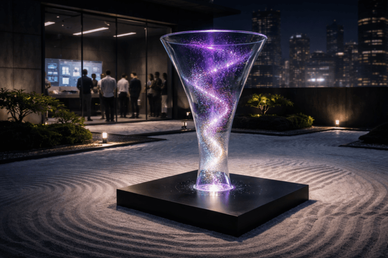 A photorealistic medium-wide cinematic shot, camera positioned approximately 1–2 meters from the subject, capturing a large translucent glass funnel sculpture standing upright on a low black plinth in a zen garden of white sand raked into flowing wave patterns, the funnel filled with softly glowing multicolored particles descending in a smooth spiral like illuminated data, with subtle electric-purple #7B63FF accents indicating intelligence and activity, clearly readable within a realistic environment. Set in a rooftop corporate zen garden at night atop a modern glass office tower, with dark concrete walls, low bonsai planters and a distant city skyline with muted neon reflections, with a few diverse marketing professionals in business-casual attire visible in the background through a floor-to-ceiling glass wall, candidly gathered around softly glowing data dashboards in a war-room style meeting space, slightly out of focus. Lighting is low-key and practical, coming from hidden floor lights along the garden path, the cool glow of interior office screens and a soft integrated white spotlight from above that gently highlights the glass funnel, the particles and the texture of the raked sand, revealing form, texture and depth while keeping the surroundings moody with a subtle tech-noir atmosphere. Cinematic realism, 35mm lens look, natural shallow-to-medium depth of field, neutral corporate color palette with restrained electric-purple accents, premium materials, ultra-detailed, 8K, no captions, no text overlays, no watermarks.
