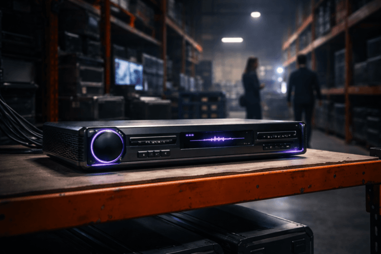 A photorealistic medium-wide cinematic shot, camera positioned approximately 1–2 meters from the subject, capturing a sleek physical “programmatic TV control hub” sculpture resting on an orange industrial warehouse rack shelf, clearly readable within a realistic environment. The object integrates subtle electric-purple #7B63FF accents in small status LEDs, edge lighting, and faint abstract UI glows indicating intelligence or activity without overpowering realism. Set in a dim, tech-noir industrial warehouse converted into a media-operations space, with tall orange metal racks receding into depth, stacked equipment cases, soft monitor light from a distant rolling workstation, and a couple of slightly out-of-focus, diverse professionals in business-casual attire in the background aisle providing natural human presence in the periphery. Lighting is low-key and practical, from overhead industrial fixtures and scattered computer monitors, complemented by a soft integrated white spotlight from above and slightly to the side, gently revealing form, texture, and depth on the hero object while leaving the far warehouse in moody shadow. Cinematic photographic realism, 50mm lens look, natural shallow-to-medium depth of field, neutral corporate tones with restrained neon purple highlights, premium materials, ultra-detailed, 8K, no captions, no text overlays, no watermarks.