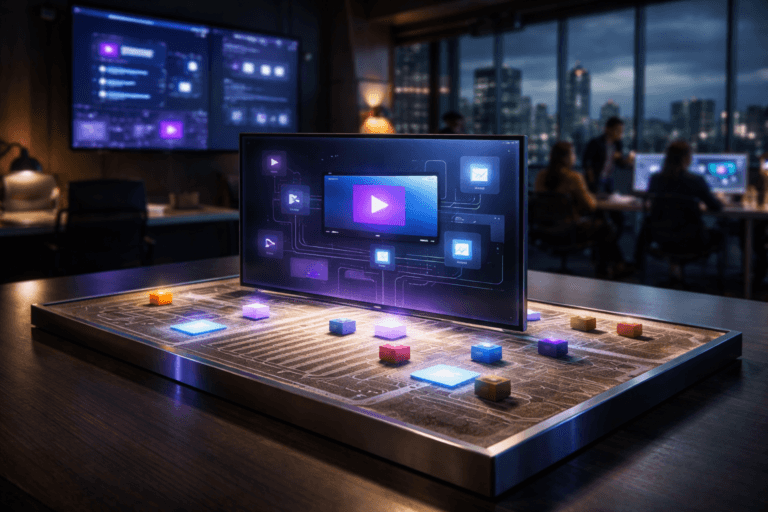 A photorealistic medium-wide cinematic shot, camera positioned approximately 1–2 meters from the subject, capturing a sleek physical tabletop installation representing connected TV advertising: a thin-bezel premium smart TV screen emerging vertically from the center of a shallow, sand-filled acrylic tray on a conference-room table, the sand raked into neat lanes like a media plan and dotted with small colorful toy-like blocks and glowing interface tiles symbolizing ad inventory, targeting and audience segments, all rendered as tangible high-end materials and realistic textures. The object integrates subtle electric-purple #7B63FF accents along the TV’s edges, in fine circuit-like lines running through the sand and in a few softly glowing tiles, indicating intelligence and data activity without overpowering realism. Set in a dimly lit, late-evening media agency war room in São Paulo, with floor-to-ceiling windows revealing a moody city skyline, multiple large wall-mounted screens showing abstract streaming dashboards and campaign graphs, glass partitions, dark wood and brushed metal furniture, and a diverse group of marketing professionals in business-casual attire softly blurred as they collaborate in the background and at nearby workstations. Lighting is low-key and practical, coming from the TV screen, wall displays and a few desk lamps, complemented by a soft integrated white spotlight from above and slightly to the side, gently revealing the form, texture and depth of the sand tray, TV screen and tabletop while letting the surroundings fall into a subtle Tech-Noir shadow. Cinematic realism, natural shallow-to-medium depth of field, 35mm–50mm lens look, premium materials, ultra-detailed, 8K, no captions, no on-screen text, no logos, no watermarks.