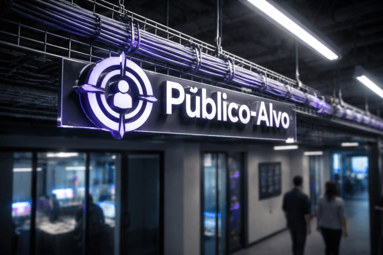 A photorealistic medium-wide cinematic shot, camera positioned approximately 1–2 meters from the subject, capturing a solid, real-world 3D isometric-style acrylic sign of the “Público-Alvo” logo mounted on an overhead cable management tray, the logo edges and icon cleanly beveled and clearly readable, integrated into a tray filled with neatly bundled, color-coded network cables running along the ceiling. The object integrates subtle electric-purple (#7B63FF) accents, such as a thin glow along the logo edges and a faint pulse within a few of the cables, indicating intelligent data flow without overpowering the natural materials. Set in a modern enterprise data center corridor with exposed ceiling infrastructure, neutral grey walls, and glass-walled tech offices in the background, monitors and dashboards casting soft cyan and magenta reflections; a couple of diverse IT professionals move beneath the cable tray in the mid- to deep background, naturally posed and slightly out of focus, reinforcing scale while keeping the Público-Alvo logo as the hero. Lighting is low-key and practical, coming from linear LED strips along the ceiling, softly glowing screens, and a gentle white spotlight from the side that grazes the logo and cables, revealing form, texture, and depth with subtle reflections on metal and acrylic. Cinematic realism, 35mm lens look, natural shallow-to-medium depth of field, neutral corporate palette with restrained neon purple accents, premium materials, ultra-detailed, 8K, no captions, no text overlays beyond the realistic logo, no watermarks.