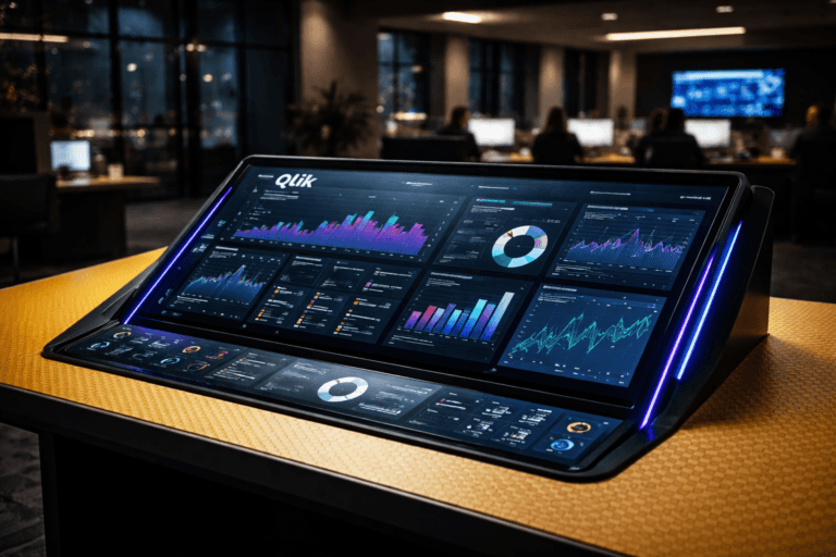 A photorealistic medium-wide cinematic shot, camera positioned approximately 1–2 meters from the subject, capturing a sleek physical analytics control console inspired by Qlik Sense: a slightly angled glass dashboard panel embedded into a yellow synthetic honeycomb-textured workstation surface, its multiple luminous data indicators and charts organized in a sophisticated, harmonized layout, with the official Qlik logo subtly visible on the primary screen, clearly readable within a realistic environment. The object integrates subtle electric-purple (#7B63FF) accent lights tracing the panel edges and key indicators, suggesting intelligent real-time activity without overpowering realism. Set in a modern tech-noir corporate analytics command center at night, with neutral-toned walls, glass partitions, distant city lights outside large windows and softly glowing wall-mounted data screens, a diverse group of professionals in business-casual attire working at surrounding workstations in the background, slightly out of focus. Lighting is low-key and practical, coming from the console screens, desk lamps and distant ceiling strips, complemented by a soft integrated white spotlight from above and slightly to the side, gently revealing the form, texture and depth of the console and honeycomb surface. Cinematic realism, natural shallow-to-medium depth of field, 35mm lens look, premium materials, ultra-detailed, 8K, no captions, no text overlays, no watermarks.