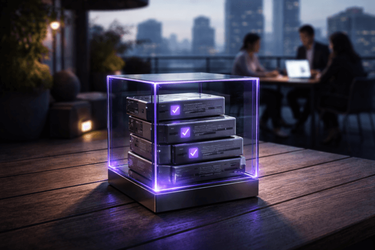 A photorealistic medium-wide cinematic shot, camera positioned approximately 1–2 meters from the subject, capturing a premium physical sculpture symbolizing AI-era software code quality: a solid, polished glass cube placed on the wooden surface, its interior filled with neatly stacked metallic code-block modules and small recessed checkmark icons, edges traced with subtle electric-purple #7B63FF light, inspired by clean 3D isometric design but rendered as a real-world object with believable weight, reflections, and fine surface detail, clearly readable within a realistic environment. The object integrates subtle electric-purple accents indicating intelligence or activity without overpowering realism. Set on an elevated outdoor wooden rooftop deck of a modern tech office at early morning, overlooking a soft-focus city skyline, with a few diverse professionals in business-casual attire in the background collaborating around laptops at a table, naturally posed and slightly out of focus, faint screen glow and discreet neon reflections adding a restrained tech-noir mood. Lighting is low-key and practical, mixing cool ambient dawn light with the glow of laptop screens and a soft integrated white spotlight from above and slightly to the side, gently revealing form, texture, and depth on the sculpture and the deck. Cinematic realism, 35mm lens look, natural shallow-to-medium depth of field, neutral corporate color palette with restrained electric-purple highlights, premium materials, ultra-detailed, 8K, no captions, no text overlays, no watermarks.