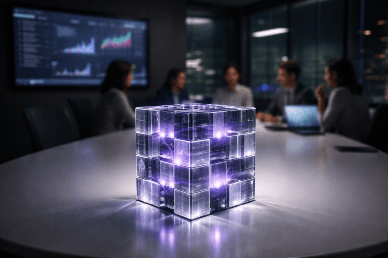 A photorealistic medium-wide cinematic shot, camera positioned approximately 1–2 meters from the subject, capturing a meticulously crafted transparent glass-and-acrylic cube sculpture composed of interlocking, neatly aligned “data blocks” at the center of a sleek white oval conference table, each cube face subtly etched with abstract KPI-style graphs and numeric patterns, faint electric-purple #7B63FF light lines pulsing inside the structure to suggest intelligent data quality control, clearly readable within a realistic environment. The object integrates subtle electric-purple accents indicating intelligence or activity without overpowering realism, with neutral whites, charcoals, and soft metallic tones dominating the palette. Set in a tech-noir corporate meeting room at night, with a large wall-mounted dashboard screen in the background showing softly blurred, colorful KPI charts, glass walls hinting at a dark city skyline outside, and a small, diverse marketing team in business-casual attire seated and standing around the far side of the table, slightly out of focus, engaged in quiet discussion. Lighting is low-key and practical, coming from the dashboard screen, a couple of laptop displays, and a slim overhead conference light, complemented by a soft integrated white spotlight from above and slightly to the side that gently reveals the form, texture, and depth of the cube sculpture and the table surface, casting clean reflections and controlled shadows. Cinematic photographic realism with a subtle tech-noir mood, 35mm–50mm lens look, natural shallow-to-medium depth of field, premium materials, ultra-detailed, 8K, no captions, no text overlays, no watermarks.