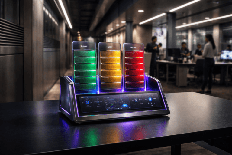 A photorealistic medium-wide cinematic shot, camera positioned approximately 1–2 meters from the subject with a 35mm cinematic lens look, capturing a sleek glass-and-brushed-metal desktop console as the hero object, a tangible CRM “lead qualification” hub sitting on a minimalist black desk, its vertical stacked panels and translucent acrylic cards clearly showing a traffic-light style pipeline of leads in green, yellow, and red, abstract CRM charts and status indicators suggesting automated scoring and AI-driven prioritization, all cleanly readable within a realistic environment. The object integrates subtle electric-purple (#7B63FF) accents along its edges, indicator rings, and soft UI glows to indicate intelligence and activity without overpowering realism. Set in a modern B2B sales operations floor that feels like a refined metallic ventilation tunnel inside a corporate building — long, clean brushed-steel walls with integrated ventilation ribs, linear LED strip lighting along the ceiling, and glass partitions opening into a softly lit open-plan office with workstations and monitors — with natural human presence in the background and periphery: a diverse group of SDRs and sales managers in business-casual clothing, some at laptops, others checking messages on their phones or talking near a glass wall, all slightly out of focus to keep the console as the main focal point. Lighting is low-key and practical, coming from the console’s screens, overhead LED strips, and distant office desk lamps, complemented by a soft integrated white spotlight from above and slightly to the side, gently revealing form, texture, and depth on the console, desk, and metallic corridor surfaces. Cinematic realism, natural shallow-to-medium depth of field, premium materials, subtle reflections, restrained neon accents, ultra-detailed, 8K, no captions, no text overlays, no watermarks.