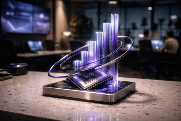 A photorealistic medium-wide cinematic shot, camera positioned approximately 1–2 meters from the subject, capturing a refined real-world hero object: a stylized but physically plausible desktop sculpture representing Quantum Marketing, sitting on a white granilite (terrazzo) surface with small colorful stone chips. The sculpture is built from premium materials, combining a thin, square quantum-chip–like core in brushed metal and dark glass, intersected by a rising translucent acrylic bar chart and orbiting metallic rings, subtly suggesting data, ROI and quantum circuits; edges and fine inlays emit a restrained electric-purple (#7B63FF) accent glow indicating intelligence and digital activity without overpowering realism. The terrazzo tabletop appears on a sleek modern workstation. Set in a high-end, tech-noir corporate war room at night, with a dimly lit open-plan office in the background: large wall-mounted screens showing abstract, text-free data visualizations, glass walls revealing a moody city skyline with scattered neon lights, and a few diverse marketing and tech professionals in business-casual attire collaborating around other desks, softly out of focus so the sculpture remains the primary focal point. Lighting is low-key and practical, coming from monitors, a nearby desk lamp and distant ceiling fixtures, complemented by a soft integrated white spotlight from above and slightly to the side, gently revealing the form, texture and depth of the sculpture and terrazzo surface, with natural reflections on metal and glass. Cinematic realism, natural shallow-to-medium depth of field, neutral corporate tones with restrained electric-purple neon accents, premium materials, ultra-detailed, 8K, no captions, no text overlays, no watermarks.