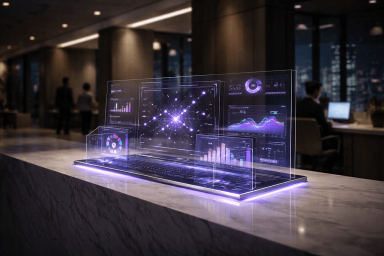 A photorealistic medium-wide cinematic shot, camera positioned approximately 1–2 meters from the subject, capturing a sleek physical hero object: a sculptural 3D isometric glass dashboard resting on a minimal white marble reception counter, composed of layered translucent interface panels, abstract graphs, and node-link visualizations arranged in a harmonious grid, clearly readable within a realistic environment, with subtle electric-purple (#7B63FF) accent glows tracing key edges and data points to suggest intelligent real-time marketing insights. The object integrates subtle electric-purple accents indicating intelligence or activity without overpowering realism. Set in a modern tech-noir corporate reception area at night, a refined lobby with a long white marble desk, dark brushed metal details, soft neutral walls, and distant floor-to-ceiling glass revealing a moody city skyline with faint neon reflections, with a few out-of-focus professionals walking through the space and a receptionist working at a nearby workstation, adding natural human presence in the periphery. Lighting is low-key and practical, coming from recessed ceiling fixtures, the soft glow of nearby monitors, and the dashboard itself, complemented by a soft integrated white spotlight from above and slightly to the side, gently revealing form, texture, and depth on the glass panels and marble surface. Cinematic realism, natural depth of field, premium materials, ultra-detailed, 8K, subtle tech-noir color grading, neutral corporate palette with restrained neon purple and cool blue accents, no legible text or numbers, no logos of real-world brands, no captions, no watermarks.