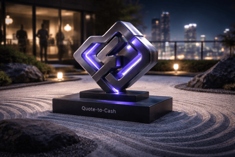 A photorealistic medium-wide cinematic shot, camera positioned approximately 1–2 meters from the subject, capturing a refined real-world hero object: a solid 3D isometric-style sculpture of the Quote-to-Cash logo in brushed dark metal and glass, standing on a low black plinth in the center of a zen garden, with the Quote-to-Cash logo mark subtly engraved along its front edge, clearly readable within a realistic environment. The object integrates subtle electric-purple (#7B63FF) LED accents running along its edges and through translucent segments, indicating intelligence or activity without overpowering realism. Set in a rooftop corporate zen garden at night, with pristine white sand meticulously raked into flowing wave patterns around dark stones and the central sculpture, framed by a glass railing that reveals a distant futuristic city skyline with soft neon reflections, and a modern office interior visible through floor-to-ceiling windows, with a few out-of-focus professionals in business attire walking and conversing in the background or periphery. Lighting is low-key and practical, coming from discreet ground lights, the ambient city glow, and warm office fixtures, complemented by a soft integrated white spotlight from above or the side, gently revealing form, texture, and depth. Cinematic realism, natural depth of field, premium materials, ultra-detailed, 8K, no captions, no text overlays, no watermarks.