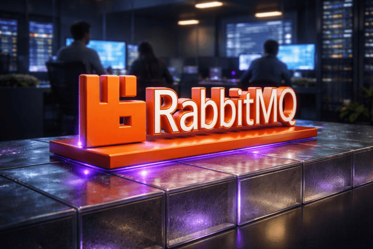 A photorealistic medium-wide cinematic shot, camera positioned approximately 1–2 meters from the subject, capturing the official RabbitMQ logo as a solid 3D isometric-style physical sculpture in RabbitMQ orange, cleanly printed on the front face and resting firmly on a sleek surface made of softly lit translucent glass bricks, clearly readable within a realistic environment. The object integrates subtle electric-purple (#7B63FF) edge glows and reflections along the contours of the logo and between the glass bricks, suggesting intelligent message flow and activity without overpowering realism. Set in a dim, modern Tech-Noir DevOps operations room with glass-brick partitions, cool-toned server racks, and multiple wide monitors showing abstract, out-of-focus system dashboards and message queues, with a small diverse group of engineers in business-casual attire working naturally at their stations in the background, softly blurred so they remain secondary to the logo sculpture. Lighting is low-key and practical, coming from monitor glow, under-lit glass bricks, and subtle ceiling fixtures, complemented by a soft integrated white spotlight from the side that gently reveals the form, texture, and depth of the RabbitMQ logo and the glass surface. Cinematic realism, natural depth of field, 35mm lens look, premium materials, ultra-detailed, 8K, no captions, no text overlays, no watermarks, no floating logos.