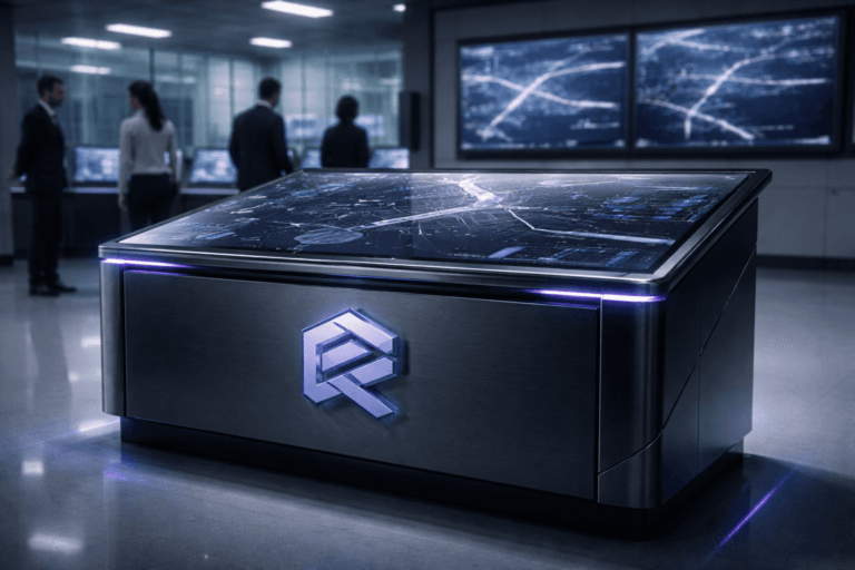 A photorealistic medium-wide cinematic shot, camera positioned approximately 1–2 meters from the subject, capturing a sleek glass-and-metal operations console on a waist-high pedestal as the hero object, featuring the Railway brand logo as a crisp 3D isometric emblem embedded into the console’s front panel and repeated subtly on nearby display interfaces, with precise beveled edges and soft reflections. The console surface shows abstract, rail-network inspired data visualizations and control elements, with subtle electric-purple (#7B63FF) accents tracing along edges and UI details to suggest intelligent activity without feeling neon or fantastical. Set in a pristine, high-tech railway operations clean room: an immaculately organized, sterile environment with glossy white floors, glass partitions, and cable-managed workstations, large wall-mounted screens hinting at train routes and telemetry in the background. A small, diverse group of engineers and operators in professional attire move and collaborate naturally in the periphery, slightly out of focus, interacting with consoles and displays while remaining secondary to the hero object. Lighting is low-key and controlled despite the sterile setting, using cool white overhead panels and the glow of screens as practical light sources, complemented by a soft integrated white spotlight from the side that gently reveals the form, texture, and depth of the 3D Railway logo and console surfaces. Subtle electric-purple reflections and rim light add a Tech-Noir edge while preserving a neutral corporate palette. Cinematic realism, natural shallow-to-medium depth of field, premium materials, ultra-detailed, 8K, no captions, no text overlays, no watermarks.