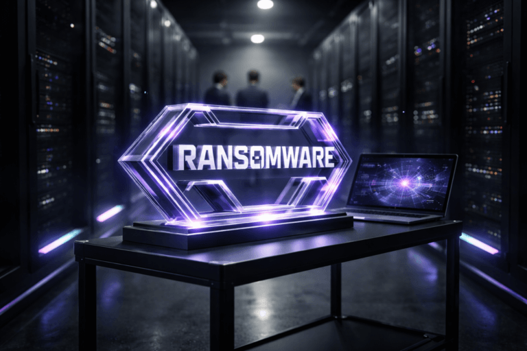 A photorealistic medium-wide cinematic shot, camera positioned approximately 1–2 meters from the subject, capturing a solid physical 3D acrylic sculpture of a stylized “Ransomware” brand logo, designed as a beveled isometric icon with sharp geometric edges and mounted on a sleek black metal trolley beside a slim laptop showing abstract threat-visualization graphics, the logo clearly readable as the hero object within a realistic scene. The object integrates subtle electric-purple (#7B63FF) accents along its inner edges, base, and soft internal glow, indicating intelligence or activity without overpowering the natural metallic and acrylic materials. Set in a cold, narrow data center corridor flanked by tall matte-black server racks on both sides, with dense rows of tiny status LEDs, discreet purple and cyan LED strips running along the rack edges and floor, faint cool air haze, and a reflective dark floor catching glints of light; in the softly blurred background, a small, diverse group of cybersecurity engineers in understated smart-casual attire move through the aisle and check equipment, providing natural human presence while remaining secondary to the logo sculpture and hardware. Lighting is low-key and practical, coming from overhead industrial fixtures, server rack LEDs, and the laptop screen, complemented by a soft integrated white spotlight from the upper side that gently reveals the form, texture, and depth of the Ransomware logo sculpture, trolley, and nearest racks with realistic reflections and shadows. Cinematic realism, natural shallow-to-medium depth of field, premium materials, subtle tech-noir atmosphere with neutral corporate tones and restrained electric-purple accents, ultra-detailed, 8K, no captions, no text overlays, no watermarks.