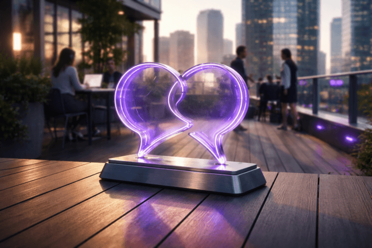 A photorealistic medium-wide cinematic shot, camera positioned approximately 1–2 meters from the subject, capturing a stylized real-world hero object: a mid-sized physical sculpture representing rapport in customer service, formed by two interlocking translucent glass speech bubbles that subtly suggest a heart shape, mounted on a sleek brushed-metal base, with thin embedded LED filaments glowing in soft electric purple #7B63FF to indicate connection and intelligence, clearly readable within a realistic environment. The object sits on an outdoor wooden deck, early-morning, on the rooftop terrace of a modern corporate building, warm low-angle sunlight grazing the wood planks while cool-toned city towers and glass façades blur gently in the background, with subtle tech-noir accents from discreet purple LED strip reflections along the deck railing and nearby glass panels. Natural human presence appears in the periphery: a diverse group of professionals in smart-casual attire, some seated at outdoor tables with laptops and headsets, others in quiet conversation, all slightly out of focus so the sculpture remains the primary focal point, suggesting a calm, empathetic customer support operation in a real-world setting. Lighting is low-key and practical, combining soft early-morning ambient daylight with a gentle white spotlight from the side that highlights the sculpture’s glass transparency, metal textures, and the purple glow within, creating rich reflections and depth without overpowering the scene. Cinematic realism, natural shallow-to-medium depth of field, premium materials, ultra-detailed, subtle tech-noir color grading with neutral corporate tones and restrained neon accents, 8K, no captions, no text overlays, no watermarks.