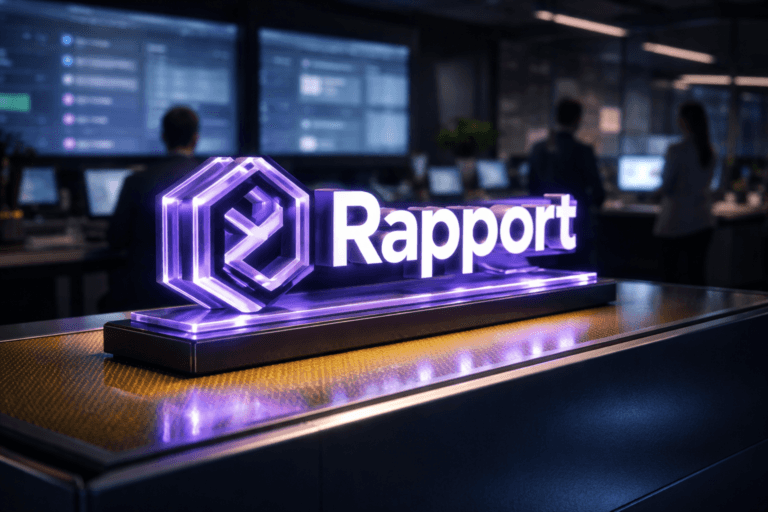 A photorealistic medium-wide cinematic shot, camera positioned approximately 1–2 meters from the subject, capturing a solid 3D isometric acrylic sculpture of the Rapport brand logo placed on a sleek console made of synthetic yellow honeycomb-textured surface, the Rapport logo clearly readable and physically integrated into the object, with subtle electric-purple #7B63FF edge accents and internal glow lines suggesting intelligent activity without overpowering realism. Set in a modern tech-noir customer success war room inside a SaaS office at night, with large wall-mounted screens in the background softly displaying blurred CRM and customer-support dashboards, glass walls, and a few diverse professionals standing and seated around workstations, naturally interacting and reviewing data, kept slightly out of focus so the logo sculpture remains the hero. Lighting is low-key and practical, coming from the dashboard screens, discrete desk lamps and ceiling strips, complemented by a soft integrated white spotlight from the side that grazes the Rapport logo and the yellow honeycomb surface, gently revealing form, texture, and depth, with realistic reflections on the console. Cinematic realism, 35mm lens look, natural shallow-to-medium depth of field, neutral corporate palette with restrained neon accents in electric purple and cool blues, premium materials, ultra-detailed, 8K, no captions, no text overlays, no watermarks.