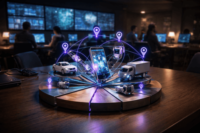 A photorealistic medium-wide cinematic shot, camera positioned approximately 1–2 meters from the subject with a 35mm lens at a slight table-level angle, capturing a tangible multi-device tracking centerpiece: a polished metallic-and-glass 3D sculpture of interconnected devices, vehicles, smartphones, IoT sensors, and location pins rising from and resting on a physical painted wooden pie-chart set into a dark wooden table, clearly readable within a realistic environment. The object integrates subtle electric-purple (#7B63FF) accents along its illuminated connection lines and edges, indicating intelligence and real-time data flow without overpowering realism. Set in a Tech-Noir operations control room at night, with a long conference table, laptops and cables, a large wall of softly glowing dashboards and maps in the background, and a small diverse team of professionals in business-casual attire standing and seated, candidly monitoring fleet and device data at their screens in the periphery. Lighting is low-key and practical, coming from the wall screens and a few table lamps, complemented by a soft integrated white spotlight from above that highlights the sculptural centerpiece, the wooden pie-chart segments, and subtle reflections on the glass and metal surfaces, gently revealing form, texture, and depth. Cinematic realism, natural shallow-to-medium depth of field isolating the centerpiece, neutral corporate tones with restrained neon purple and cyan accents, premium materials, ultra-detailed, 8K, no captions, no on-screen legible text, no watermarks.