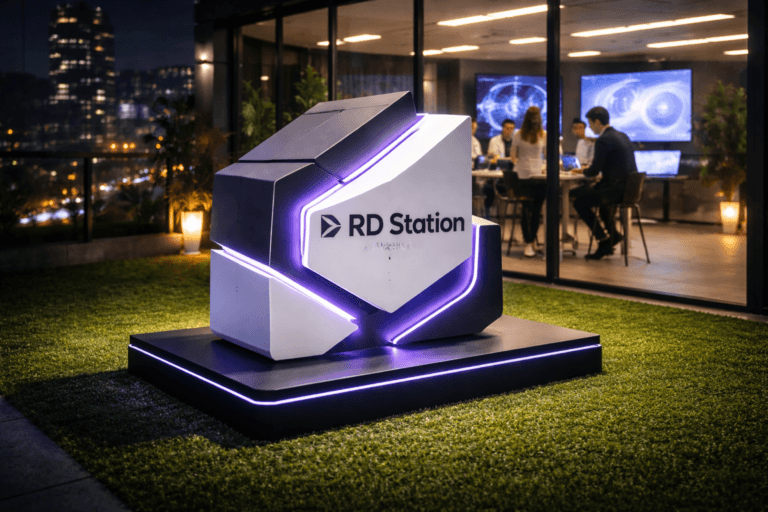 A photorealistic medium-wide cinematic shot, camera positioned approximately 1–2 meters from the subject, capturing a physical 3D isometric sculpture of the RD Station Marketing logo as the hero object, built from matte white and dark graphite panels with premium finishes, the official RD Station Marketing logo clearly visible on the face of the sculpture and repeated subtly on nearby laptop and monitor screens, the sculpture resting solidly on a sleek low black platform placed over a perfectly trimmed, vibrant green synthetic grass surface. The object integrates subtle electric-purple (#7B63FF) LED edge accents and UI-style glow along the logo contours and base, indicating intelligence and real-time data activity without overpowering realism. Set in a nighttime rooftop terrace of a modern glass-walled tech office overlooking a moody Latin American city skyline, the terrace floor covered in perfectly cut synthetic turf, glass railings catching reflections of distant neon signs and passing traffic, with the interior open-plan marketing war room visible through the glass behind: large curved monitors showing abstract analytics dashboards in cool blues and soft purples (no readable text, only non-legible charts and interface shapes). Natural human presence appears in the background and periphery: a small diverse group of marketing professionals in business-casual clothing, candidly collaborating around laptops and a standing table near the logo installation, softly out of focus, neutral concentrated expressions and relaxed postures, secondary to the hero object. Lighting is low-key and practical, coming from office interior screens, a few warm terrace floor lamps, and city glow, complemented by a soft integrated white spotlight from above and slightly to the side that gently reveals the form, texture, and depth of the RD Station Marketing logo sculpture and synthetic grass, with subtle reflections on glass and metal. Cinematic realism, shot on a virtual 35mm lens with natural shallow-to-medium depth of field, premium materials, ultra-detailed surfaces, restrained neon and electric-purple accents within a neutral corporate palette, 8K resolution, no captions, no text overlays, no watermarks.