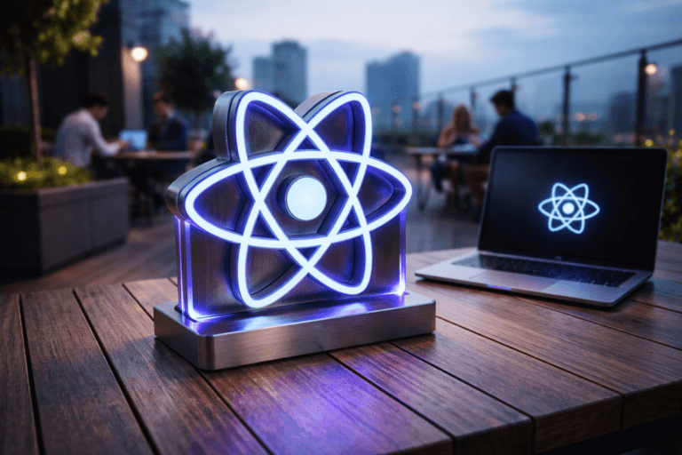 A photorealistic medium-wide cinematic shot, camera positioned approximately 1–2 meters from the subject, capturing a solid 3D isometric React Native logo sculpture in acrylic and brushed metal resting on a wooden outdoor deck table, the official React Native logo clearly visible on the sculpture’s front face and subtly repeated on a nearby laptop screen, with clean geometric edges and refined, premium materials, clearly readable within a realistic environment. The object integrates subtle electric-purple (#7B63FF) accents indicating intelligence or activity without overpowering realism, with faint neon reflections along its contours and inner edges. Set in an open-air wooden rooftop deck of a modern tech office at early morning, with a soft cool sky, glass railings, distant city skyline, minimalist outdoor furniture, and a few diverse professionals in business-casual in the background using laptops and quietly collaborating, their devices emitting gentle screen glow that adds a subtle Tech-Noir atmosphere. Lighting is low-key and practical, combining soft ambient dawn light with a discreet white spotlight from above and slightly to the side, gently revealing form, texture, and depth on the React Native sculpture and tabletop grain while letting the background fall slightly into shadow. Cinematic realism, natural depth of field, premium materials, ultra-detailed, 8K, no text overlays, no captions, no watermarks.