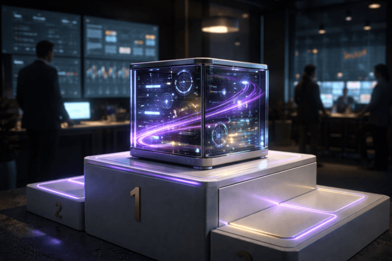 A photorealistic medium-wide cinematic shot, camera positioned approximately 1–2 meters from the subject, capturing a premium glass-and-metal tabletop “real-time personalization engine” as the hero object: a compact transparent cube server resting on the highest step of a glossy white awards podium (1st, 2nd, 3rd place), its interior filled with layered circular dashboard dials, tiny embedded display surfaces, and flowing light trails suggesting live customer data streams and instant decisioning, all finely machined with high-end industrial design. The object integrates subtle electric-purple (#7B63FF) accents as thin LED rings and animated ribbons of light threading through the cube and along the edges of the podium, indicating intelligence and real-time activity without overpowering the natural materials. Set in a Tech-Noir ecommerce command center at night, with a large glass wall of softly glowing analytics dashboards and ecommerce product grids in the background and a few diverse, realistically dressed data and marketing professionals in the periphery, slightly out of focus, monitoring screens and quietly collaborating around modern workstations. Lighting is low-key and practical, coming from wall-mounted displays, desk lamps, and a soft integrated white spotlight from above that grazes the cube and podium, gently revealing form, texture, fingerprints, and brushed metal details while letting the rest of the room fall into moody shadow. Cinematic realism, natural shallow-to-medium depth of field, neutral corporate color palette with restrained teal and electric-purple neon accents, premium materials, ultra-detailed, 8K, no captions, no text overlays, no watermarks.