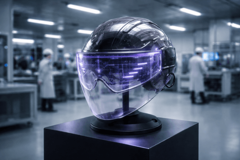 A photorealistic medium-wide cinematic shot, camera positioned approximately 1–2 meters from the subject, capturing a sleek physical hero object representing augmented reality: a transparent high-tech safety helmet with an integrated AR visor, mounted on a matte black pedestal, faint holographic interface layers and geometric UI elements subtly projected inside and just above the visor, clearly readable within a realistic environment. The object integrates subtle electric-purple #7B63FF accents along the visor edges and holographic contours, indicating intelligence and live data without overpowering realism. Set in a high-tech sterile clean room inside a modern factory, with pristine white walls and ceiling, glossy light-gray floor, glass partitions, industrial machinery and control consoles receding into the background, accented by cool blue and soft electric-purple reflections that give a restrained Tech-Noir mood, with engineers and maintenance technicians in clean lab coats, safety helmets and gloves moving naturally in the background, slightly out of focus and secondary to the AR helmet. Lighting is low-key and practical for a clean room, coming from overhead panel lights and equipment screens, complemented by a soft integrated white spotlight from above and slightly to the side of the helmet, gently revealing the visor’s glass transparency, metallic textures, and the layered holographic UI depth. Cinematic realism, 35mm lens look, natural shallow-to-medium depth of field, premium materials, ultra-detailed, 8K, no captions, no text, no logos, no watermarks.