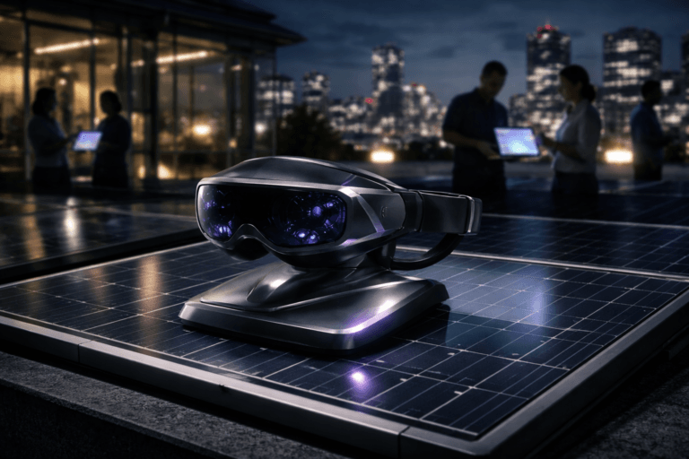 A photorealistic medium-wide cinematic shot, camera positioned approximately 1–2 meters from the subject, capturing a sleek physical mixed-reality headset mounted on a refined sculptural base, resting prominently on a dark-blue photovoltaic solar panel with a precise silver grid, the device featuring translucent geometric elements and lenses that subtly emit electric-purple #7B63FF accents indicating intelligence and activity without overpowering realism, clearly readable within a realistic environment. The object integrates subtle electric-purple accents indicating intelligence or activity without overpowering realism. Set in a tech-noir corporate rooftop solar array at night overlooking a Brazilian city skyline, with rows of dark solar panels, reflections from nearby glass-walled offices, and a small diverse group of marketing professionals in business-casual attire in the background, some wearing mixed-reality glasses and others holding tablets that cast soft screen glow as they candidly review holographic-looking campaign dashboards and sales funnels, remaining secondary to the hero object. Lighting is low-key and practical, coming from rooftop safety lights, distant office windows, and device screens, complemented by a soft integrated white spotlight from above and slightly to the side, gently revealing the form, texture, and premium materials of the headset, solar panel, and surrounding surfaces, with natural shallow-to-medium depth of field subtly separating foreground from background. Cinematic realism, 35mm lens look, neutral corporate color palette with restrained neon purple accents, ultra-detailed, 8K, no captions, no text overlays, no watermarks.