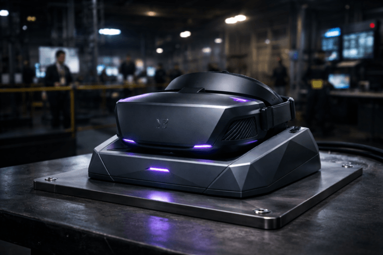 A photorealistic medium-wide cinematic shot, camera positioned approximately 1–2 meters from the subject, capturing a sleek, physically realistic virtual reality training headset and compact charging dock, designed as a geometric 3D sculpture with subtle isometric facets, resting on a brushed metal industrial plate with visible corner screws atop a sturdy worktable, the headset shell finished in premium matte graphite with a small abstract VR symbol subtly embossed where a logo would appear, clearly readable within a realistic environment. The object integrates subtle electric-purple #7B63FF light accents along vents and edge lines and a faint glow from the dock indicating intelligence or activity without overpowering realism. Set in a modern tech-noir industrial training lab on a factory floor at night, with blurred automated machinery, overhead pipes, safety railings, wall-mounted control panels, and large monitors showing defocused dashboards in the background, plus a few diverse factory operators and engineers in safety vests and VR headsets practicing simulations and reviewing data at standing workstations, softly out of focus to keep the hero object dominant. Lighting is low-key and practical, coming from overhead industrial fixtures, status LEDs, and computer screens, complemented by a soft integrated white spotlight from above and slightly to the side, gently revealing form, texture, and depth on the headset, metal plate, and table surface. Cinematic realism, natural shallow-to-medium depth of field, neutral corporate color palette with restrained electric-purple neon accents, premium materials, ultra-detailed, 8K, no captions, no visible UI text, no watermarks.
