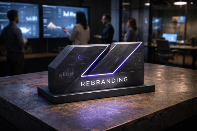 A photorealistic medium-wide cinematic shot, camera positioned approximately 1–2 meters from the subject, capturing a solid 3D isometric sculpture of the “Rebranding” logo in matte black brushed metal, its official wordmark cleanly engraved and softly backlit on the front face, resting on a large oxidized steel slab with controlled rust textures that functions as an industrial tabletop, the hero object accented with fine etched iconography of charts and interface lines and subtle electric-purple #7B63FF edge lighting indicating intelligent, data-driven activity, clearly readable within a realistic environment. The object integrates subtle electric-purple accents indicating intelligence or activity without overpowering realism. Set in a dim corporate Tech-Noir B2B marketing war room, with a wall of softly glowing analytics dashboards and CRM-style interfaces on large screens in the background showing abstracted graphs and UI elements with no legible text, glass partitions and sleek workstations, and a few diverse marketing professionals in business-casual attire standing and seated around the room, naturally posed with neutral expressions as they collaborate and gesture toward the screens, all slightly out of focus so the logo remains the primary focal point. Lighting is low-key and practical, combining the cool ambient glow of the screens with a soft integrated white spotlight from above and slightly to the side that gently reveals the logo’s geometry, the rough steel textures, and the room’s depth, casting realistic reflections and shadows on the oxidized metal and nearby glass. Cinematic realism, 35mm lens look, natural shallow-to-medium depth of field isolating the logo as the hero object, premium materials, ultra-detailed, 8K, neutral corporate color palette with restrained electric-purple accents, no captions, no text overlays, no watermarks.