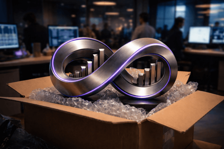 A photorealistic medium-wide cinematic shot, camera positioned approximately 1–2 meters from the subject, capturing a stylized physical desktop sculpture representing recurring revenue—interlocking brushed-metal loops forming an infinite cycle with embedded, raised bar-chart elements—resting on top of an open cardboard box filled with crumpled bubble-wrap packing material, clearly readable within a realistic environment. The object integrates subtle electric-purple (#7B63FF) accents along its edges and in thin illuminated lines running through the loops, suggesting intelligent data flow and continuous billing, without appearing sci-fi or overpowering the scene. Set in a dimly lit, real-world tech office at night in São Paulo, with neutral-toned desks, laptops, and multiple monitors on nearby workstations casting a cool glow, abstract analytics-style graphs and dashboards implied on screens (no legible text), and a few diverse professionals in smart-casual attire moving and collaborating naturally in the background, softly out of focus. Lighting is low-key and practical, coming from desk lamps, monitor light and a distant window, complemented by a soft integrated white spotlight from above and slightly to the side that gently reveals the sculpture’s metallic texture, the cardboard box edges, and the translucent bubble wrap, creating subtle reflections of electric purple on nearby surfaces. Cinematic realism, 35mm lens look, natural shallow-to-medium depth of field, premium materials, ultra-detailed, crisp reflections and shadows, neutral corporate color palette with restrained neon purple accents, Tech-Noir mood, no captions, no text overlays, no watermarks.