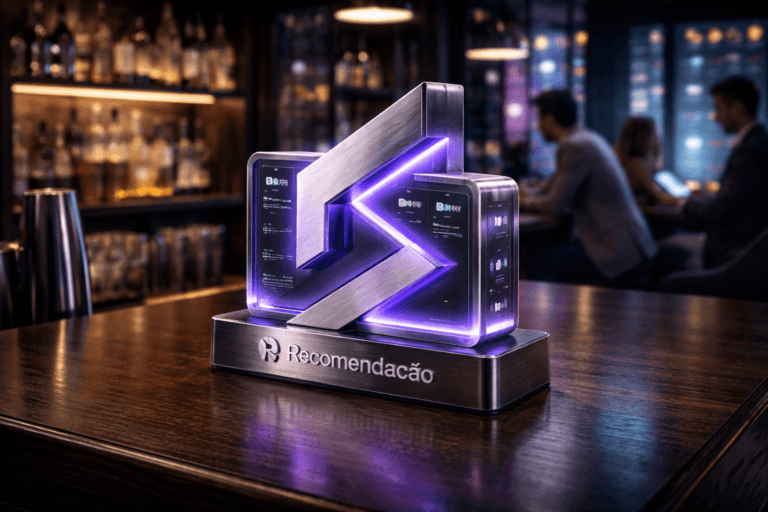 A photorealistic medium-wide cinematic shot, camera positioned approximately 1–2 meters from the subject with a 35mm lens at eye level, capturing a solid 3D isometric glass-and-brushed-metal desktop sculpture shaped as the Recomendação logo mark, the word “Recomendação” subtly integrated into the logo on the front face, with small embedded digital panels on its sides hinting at live lead and offer recommendations, resting naturally on a dark polished wooden bar counter, clearly readable within a realistic environment. The object integrates subtle electric-purple (#7B63FF) edge lighting and internal glow accents indicating intelligence or activity without overpowering realism. Set in a dimly lit contemporary tech-infused cocktail bar at night, with the dark wood counter in the foreground, softly illuminated shelves of bottles and glassware in the background, neon city reflections on glass surfaces, and a few diverse young professionals in smart-casual attire at the bar and nearby tables, casually talking and using laptops and smartphones that discreetly display generic dashboards featuring the Recomendação logo, all slightly out of focus, creating a believable Tech-Noir atmosphere. Lighting is low-key and practical, coming from bar pendant lamps, backlit shelves, and device screens, complemented by a soft integrated white spotlight from above and slightly to the side, gently revealing form, texture, reflections in the polished wood and glass, and depth. Cinematic realism, natural depth of field, premium materials, ultra-detailed, 8K, no captions, no text overlays, no watermarks.