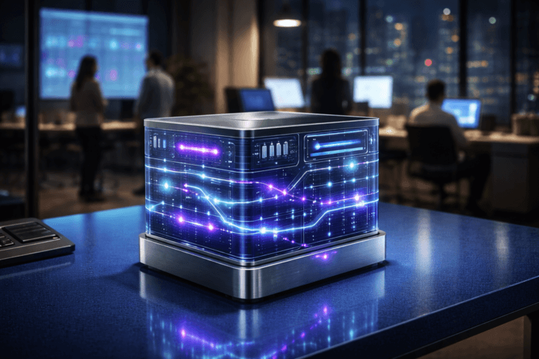 A photorealistic medium-wide cinematic shot, camera positioned approximately 1–2 meters from the subject, capturing a sleek physical “digital recruitment control tower” as the hero object: a compact glass-and-brushed-metal desktop console, its form inspired by 3D isometric geometry yet fully real, composed of stacked translucent panels and embedded mini-screens showing abstract, text-free candidate pipelines, charts, and connected nodes, resting solidly on a glossy cobalt-blue glazed ceramic desk surface, all details sharp and clearly readable within a realistic environment. The object integrates subtle electric-purple (#7B63FF) accents indicating intelligence or activity without overpowering realism, with fine neon-like edge lights and soft animated-looking glows along data paths weaving through the layers. Set in a modern tech HR command-center office at night in a hybrid workplace, with floor-to-ceiling windows revealing a distant futuristic city skyline with muted neon reflections, large side-wall monitors displaying blurred recruitment analytics dashboards, glass partitions, and minimalistic corporate furniture in neutral tones with restrained purple and teal light accents, with natural human presence in the background or periphery: a diverse group of recruiters in business-casual attire collaborating near a glass wall, some seated at workstations with laptops, others standing in quiet discussion, softly out of focus so the hero object remains primary. Lighting is low-key and practical, coming from desk lamps, monitor glow, and window spill, complemented by a soft integrated white spotlight from above and slightly to the side, gently revealing form, texture, and depth in the glass, metal, and ceramic surfaces. Cinematic realism, virtual 35mm lens, natural shallow-to-medium depth of field, premium materials, ultra-detailed, 8K, no captions, no on-screen legible text, no watermarks.