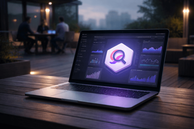 A photorealistic medium-wide cinematic shot, camera positioned approximately 1–2 meters from the subject, capturing a sleek, open laptop resting on a real wooden deck table outdoors, its screen clearly displaying a Redash analytics dashboard with the official Redash logo rendered as a prominent 3D isometric icon at the center of the interface, surrounded by clean charts and panels without readable text, the logo and key UI elements subtly accented with electric purple #7B63FF to suggest intelligence and activity. The object integrates subtle electric-purple accents indicating intelligence or activity without overpowering realism, with faint purple reflections on the laptop’s brushed-metal edges and along the bevel of the trackpad. Set in a modern rooftop terrace of a tech office at early morning, with a real wooden deck floor, glass railing, and a slightly hazy city skyline in the background, the scene framed in a Tech-Noir mood through cool neutral tones, soft atmospheric haze, and gentle neon-like glows from nearby device screens; a small group of diverse professionals stands and sits in the background and periphery, candidly collaborating around another table with tablets and laptops, slightly out of focus so the laptop with the Redash logo remains the clear hero. Lighting is low-key and practical, combining the soft, angled glow of early morning daylight with the cool luminance of the laptop screen and a discreet integrated white spotlight from above and slightly to the side, subtly sculpting the laptop, wood texture, and hands resting near the keyboard, revealing fine details in materials and creating cinematic contrast without harshness. Cinematic realism, 35mm lens look at around f/2.8, natural depth of field with the hero laptop in sharp focus and the city and people gently blurred, premium materials, ultra-detailed, 8K, no captions, no text overlays, no watermarks.