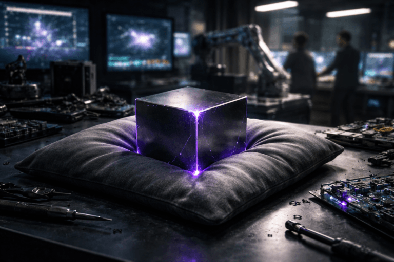 A photorealistic medium-wide cinematic shot, camera positioned approximately 1–2 meters from the subject, capturing a dense tungsten cube as the hero object, visibly heavy and partially sinking into a soft contemporary cushion placed on a robotics assembly workbench, the metal edges crisp and reflective, the cushion subtly deformed by the weight. The cube and the indentation around it integrate subtle electric-purple (#7B63FF) accents suggesting artificial neural network activity: faint luminous circuit-like veins along the cube’s edges and a gentle purple glow seeping into the folds of the cushion, without overpowering realism. Set in a high-end Tech-Noir robotics and AI R&D lab at night, with the workbench covered in scattered precision tools, open circuit boards, robotic components and a nearby robotic arm, multiple monitors in the background displaying abstract neural-network diagrams and flowing data visualizations with no readable text or UI. Natural human presence appears in the background and periphery as slightly out-of-focus diverse engineers and technicians in smart-casual attire and lab coats collaborating around adjacent stations, one gesturing toward a screen, another adjusting the robotic arm. Lighting is low-key and practical, coming from overhead lab fixtures, the cool glow of monitors, and a soft integrated white spotlight from the side that gently reveals the form, texture and depth of the tungsten cube, cushion fabric and metallic tools, casting realistic shadows and reflections across the bench. The color palette is neutral corporate tones—grays, deep charcoals, muted blues—with restrained electric-purple and subtle teal neon accents reflected in glass, metal and bokeh highlights, preserving a grounded Tech-Noir mood. Shot with a 35mm–50mm photographic look and natural shallow-to-medium depth of field, focus locked sharply on the cube and cushion while the lab environment and people fall into a soft cinematic blur. Cinematic realism, premium materials, ultra-detailed surfaces, 8K resolution, no captions, no text overlays, no logos, no watermarks.