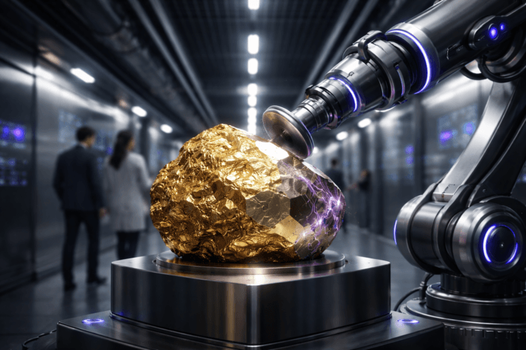 A photorealistic medium-wide cinematic shot, camera positioned approximately 1–2 meters from the subject, capturing a raw gold nugget as the hero object, firmly held on a sleek metallic pedestal and being precisely polished by a contemporary robotic polishing arm, its surface showing a clear transition from rough, unrefined texture to mirror-smooth, high-gloss facets, all details crisp and clearly readable within a realistic environment. The object integrates subtle electric-purple (#7B63FF) accents indicating intelligence or activity without overpowering realism, such as faint circuit-like reflections and soft neon glows along the polished facets and on the robotic tool joints. Set in a pristine, high-tech metallic ventilation tunnel inside a cutting-edge AI operations facility, with ribbed stainless-steel walls, overhead ducts, cable runs, discrete embedded sensor modules and softly glowing status panels, subtly suggesting neural-network dashboards and data flows, with natural human presence in the background or periphery, such as slightly out-of-focus engineers in diverse, business-casual attire walking through the corridor and briefly glancing at the setup. Lighting is low-key and practical, coming from linear LED strips along the tunnel edges, dim ambient reflections off the metal surfaces, and complemented by a soft integrated white spotlight from above that gently highlights the gold nugget and robotic arm, revealing form, texture, and depth while letting the rest of the tunnel fall into a moody Tech-Noir gradient of cool grays and deep shadows. Cinematic realism, natural depth of field, premium materials, ultra-detailed, 8K, neutral corporate palette with restrained electric-purple accents, no captions, no text overlays, no watermarks.