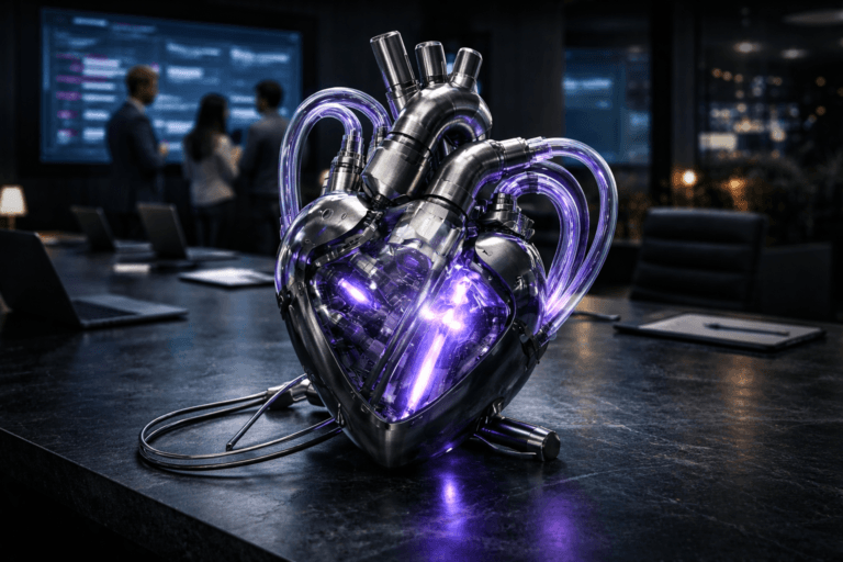 A photorealistic medium-wide cinematic shot, camera positioned approximately 1–2 meters from the subject, capturing a life-sized mechanical heart device made of brushed steel and smoked glass, resting on a natural black slate tabletop, pumping luminous electric-purple and cool-white fluid through clear transparent tubes, the valves, pistons and tubing crisply detailed and clearly readable, symbolizing AI-driven process reengineering and intelligent automation in a modern B2B SaaS company within a realistic environment. The object integrates subtle electric-purple accents indicating intelligence or activity without overpowering realism. Set in a dimly lit contemporary corporate meeting room in a tech company headquarters at night, black slate conference table extending into the scene, large wall screens softly displaying abstract, out-of-focus metro-style workflow diagrams and dashboards, city lights and restrained neon reflections in the glass windows, scattered laptops and minimalist devices around the table, with a small group of diverse professionals in business-casual attire softly blurred in the background collaborating and gesturing around the screens, adding natural human presence in the periphery. Lighting is low-key and practical, primarily from the wall screens and a few table lamps, complemented by a soft integrated white spotlight from above that gently reveals the metallic and glass textures of the mechanical heart and the matte grain of the slate surface, with subtle reflections of the luminous fluid on the tabletop, enhancing form, texture, and depth. Cinematic realism, 35mm lens look, natural depth of field isolating the mechanical heart as the hero object, neutral corporate color palette with restrained electric-purple #7B63FF and cool blue accents, premium materials, ultra-detailed, 8K, no captions, no text overlays, no watermarks.