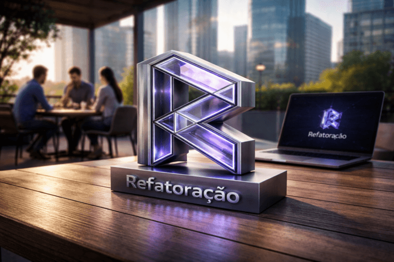 A photorealistic medium-wide cinematic shot, camera positioned approximately 1–2 meters from the subject, capturing a medium-sized 3D “Refatoração” brand logo sculpture as the hero object — a sleek metallic and glass emblem inspired by an isometric “R” made of interconnected modular blocks, resting naturally on a clean wooden outdoor deck table, the logo clearly readable and physically grounded, with a smaller, subtle Refatoração logo visible on an open laptop screen nearby. The object integrates subtle electric-purple (#7B63FF) edge lighting and thin neon accents within its seams, suggesting intelligent code analysis and activity without overpowering realism. Set on a modern rooftop-style wooden deck of a corporate tech office at early morning, soft sunlight casting long cinematic shadows, cool-toned city skyline and glass facades in the background with faint purple and teal Tech-Noir reflections. Natural human presence appears softly out of focus in the periphery: a diverse group of tech professionals in smart-casual attire collaborating around another table with laptops and coffee, candid and secondary to the logo. Lighting is low-key and practical, combining gentle early-morning ambient light with a soft integrated white spotlight from above and slightly to the side, subtly emphasizing the logo’s form, brushed metal texture, and glass reflections on the wood grain. Cinematic realism, 35mm lens look, natural shallow-to-medium depth of field, neutral corporate palette with restrained electric-purple accents, premium materials, ultra-detailed, 8K, no captions, no text overlays, no watermarks.